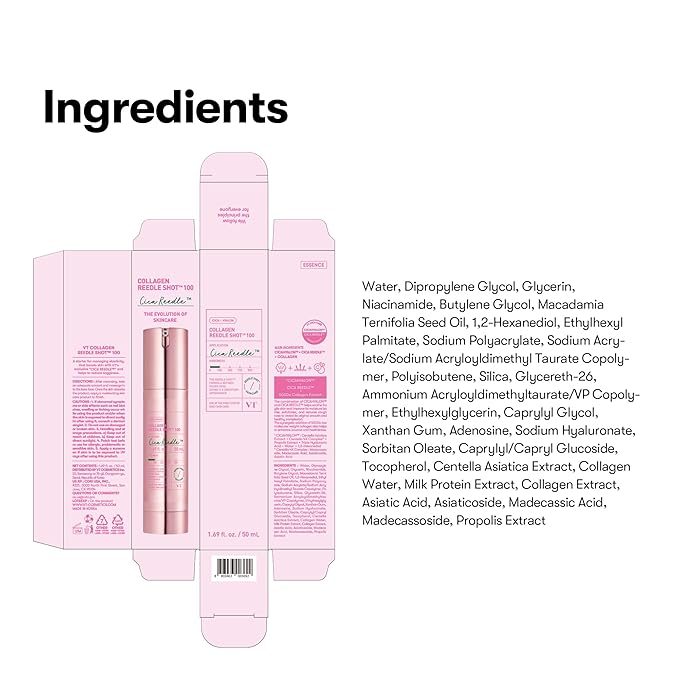 VT COSMETICS Collagen Reedle Shot 100 Serum, Pink Skin Booster for Plumping, Firming & Glowing Skin, 500Da Low Molecular Extract, Spicule Microneedle Treatment, K-Beauty Face Serum, 1.69 fl oz (50ml)
