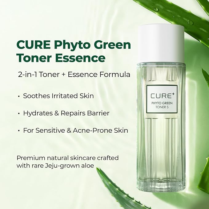 Cure Phyto Green Toner Essence with Aloe Vera & Green Tea, Soothing Korean Face Toner for Sensitive Skin, Alcohol-Free Hydrating Formula, 4.4 fl oz. Kim Jeong Moon Aloe