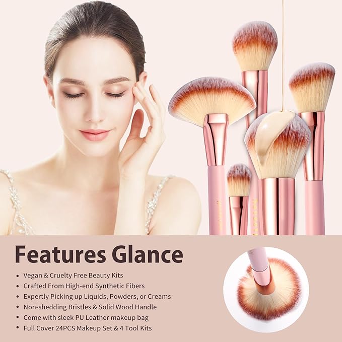 Makeup Brushes, Quality Make Up Brushes 28Pcs Makeup Brushes Set Professional & Beginner Make-up Sets & Case, Brushes & Sponges,Travel-Friendly Roll-up Beauty Gift Sets for Women, PINK