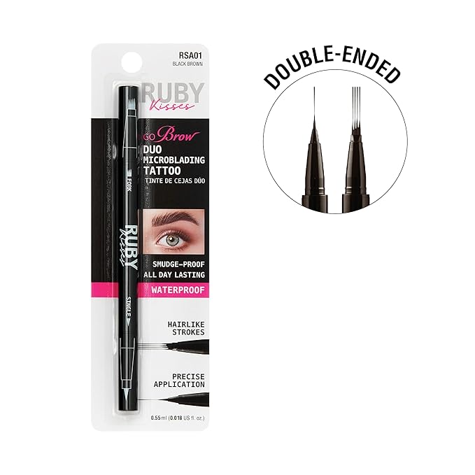 Ruby Kisses Go Brow Microblading Eyebrow Pen, Waterproof Eyebrow Pencil for Women, Dual-Ended Liquid Tattoo Brow Pencil with 4-Fork & Precise Brush Tip for Natural Hair-Like Strokes (Black Brown)