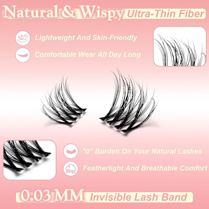 Lash Clusters Stella Wispy DIY Lash Extension 8-16mm Natural Eyelash Clusters D Curl Individual Eye Lashes Invisible Band False Eyelashes Cluster Eyelash Extensions Thin Clear Band