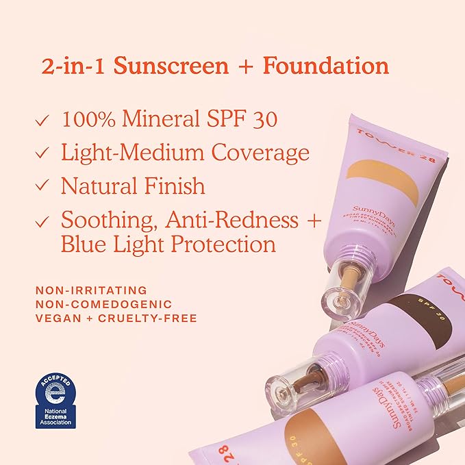 Tower 28 SunnyDays SPF 30 Tinted Moisturizer - 2-in-1 Buildable Coverage Foundation + Mineral Sunscreen for Face - Zinc Oxide, Aloe & Prickly Pear for Sensitive Skin - 18 Light/Peach (1 oz)
