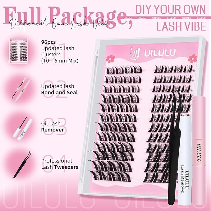 Manga Fairy Lash Clusters Kit 10–16mm–Anime FoxEye D Curl Eyelash Clusters (Left & Right WideSpan)–DIY Wet Look Lash Extension Kit with Bond & Seal, Glue Remover & Tweezers(U29 Lash Kits)
