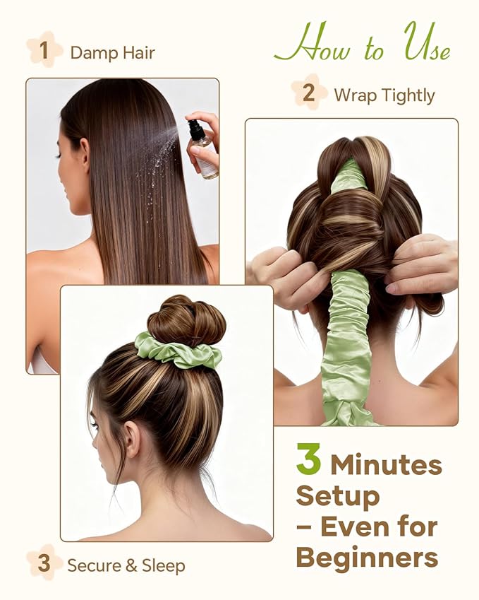 BONNET QUEEN Satin Heatless Hair Curler, Overnight Curls for Long Hair, Ultra Soft Daily Use of Hair Accessories & 2 Scrunchies, Damage-Free Styling, Soft Hair Curlers for Overnight, Sage