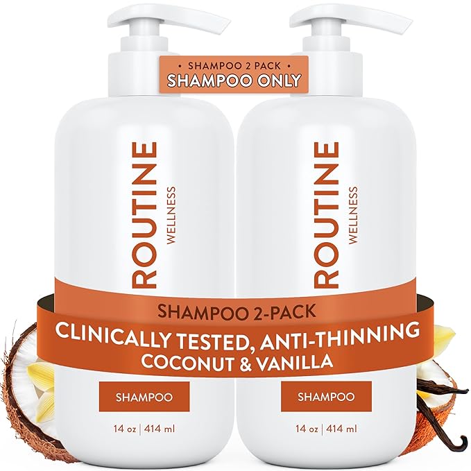 Routine Wellness Anti-Thinning Shampoo for Thinning Hair - Biotin DHT Blocker Women & Men - Color Safe Shampoo for Hair Loss & Healthy Hair - Coconut & Vanilla 14oz (Pack of 2)