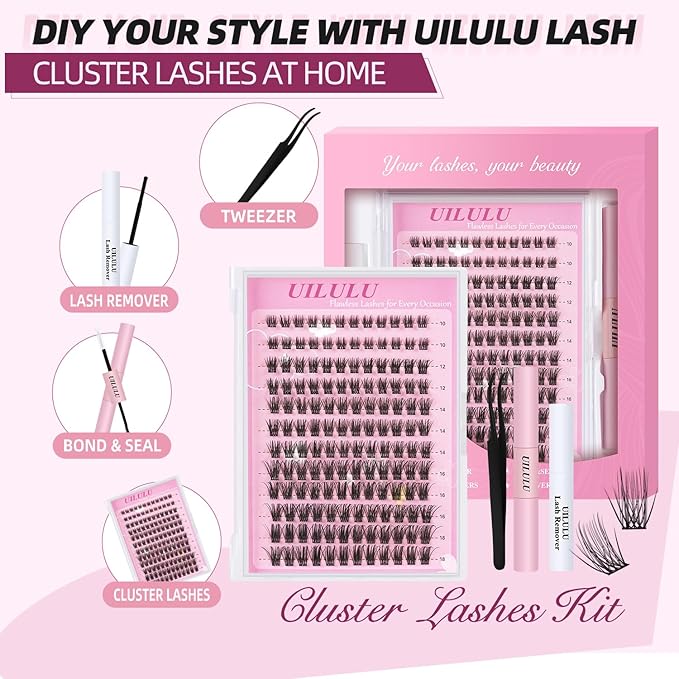 Natural Wispy Lash Clusters Kit 10-18mm Mix D Curl DIY Extension Eye Lashes False Wispy EyeLash Cluster with Bond & Seal, Glue Remover, Tweezers(U14 Lash Kits)
