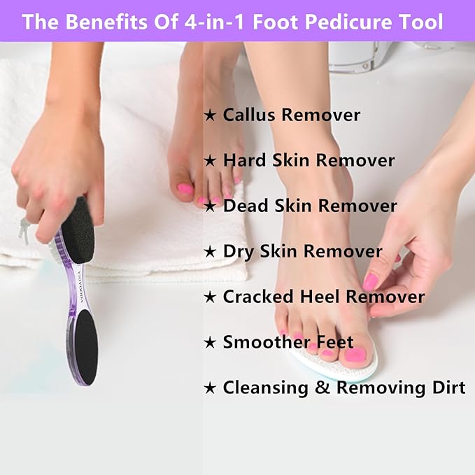 Foot File Callus Remover 4-in-1, Feet Scraper Pedicure Tools with Pumice Stone, Scrubber Brush, Foot Rasp and Sand Paper, Double Sided Multi Purpose, Clear Blue and Purple