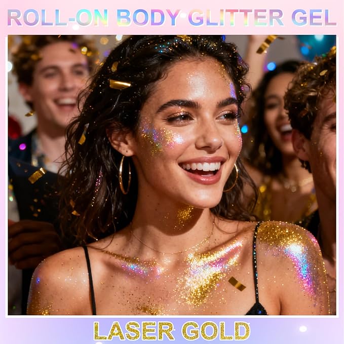 Roll-on Holographic Glitter Gel for Face & Hair, Sparkling Pink Shimmer Makeup, Color Changing Body Glitter for Festivals, Parties & Halloween,Chunky Mermaid Sequins Body Shimmer for Women(Laser Gold)
