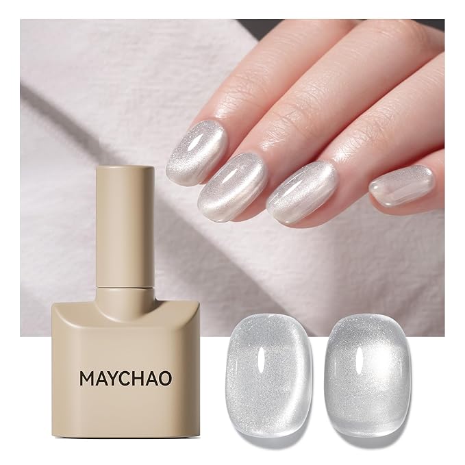 MAYCHAO 15ML Clear Silver Cat Eye Gel Nail Polish 1Pc Silver Glitter Holographic Magnetic Gel Polish with Magnet Soak off UV/LED Nail Lamp Curing for Nail Art Manicure Salon DIY at Home, 0.5 OZ