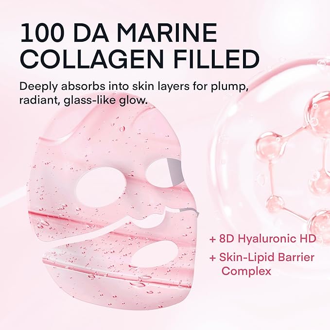TEREZ & HONOR Real Deep Bio Collagen Face Mask - 4 x 33g Korean Hydrogel Overnight Masks for Deep Hydration, Glowing, Pore Minimizing, Elasticity, Fragrance-Free, 100 Da Ultra-Low Molecular Collagen