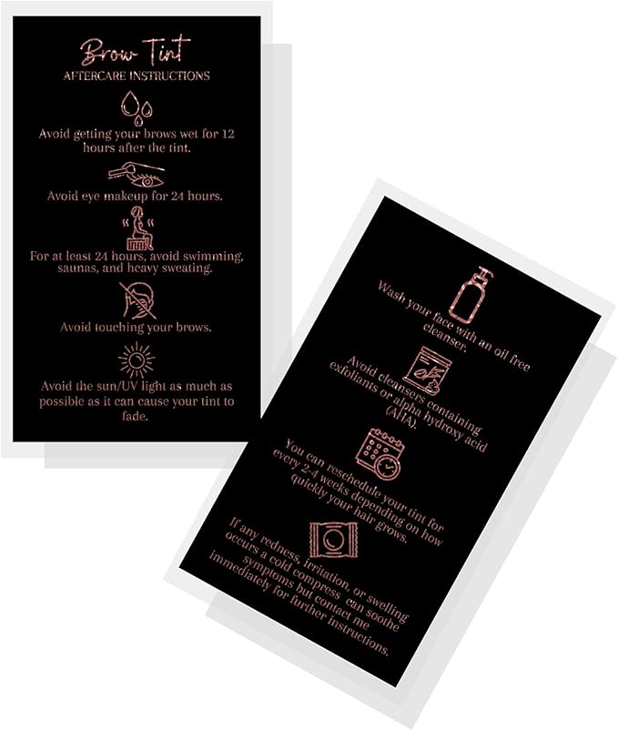 Brow Tint Aftercare Instruction Cards | 50 Pack | 2 x 3.5” inches Business Card Size | Starter Lift Kit with Tint at home diy aftercare supplies | Black with Rose Gold Design
