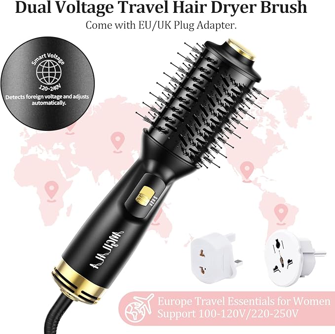 Dual Voltage(100~250V) Mini Hair Dryer Brush with European Plug Adapter for International Travel, Europe Travel Essentials for Women