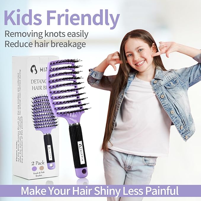 Boar Bristle Hair Brush Set of 2, HIPPIH Wet & Dry Hair Brushes Made by Fine Natural Boar Hair Can Adds Shine and Smoothing, Detangling Hairbrush for Women, Men & Kids' Long Curly Thick Hair