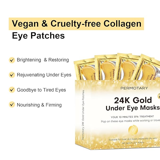 30 Pairs Crystal Collagen Under Eye Mask, Gold Gel Collagen Eye Pad For Moisturizing, Reducing Dark Circles & Puffy Eyes (Gold)
