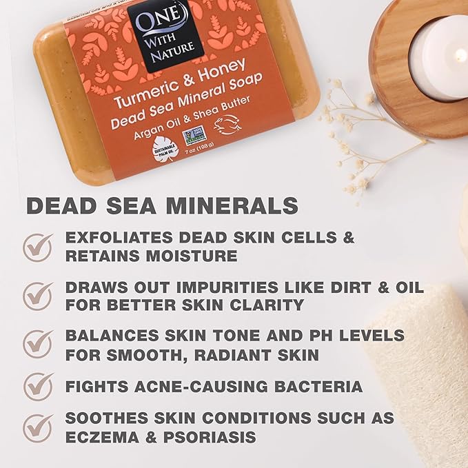 One With Nature Dead Sea Salt Turmeric Soap 4oz 3-Pack – Purifying and Exfoliating Soap Bar with Dead Sea Minerals and Turmeric for Face & Body, for Men & Women
