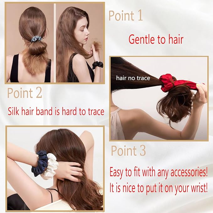 SALE!! Mulberry Silk Scrunchies and Hair Ties - 16 Momme, 100% Pure Silk, for Women and Girls with Curly, Thick or Thin Hair - Black Satin Sleep (1, 09 navy)
