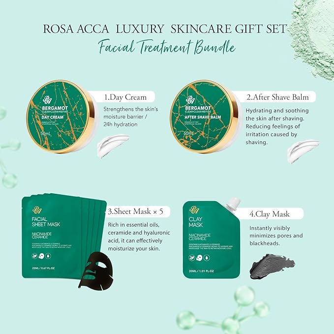Men Bergamot Facial Skin Care Set, Fathers Day Gift, 21 Pcs Beard Grooming Kit, Bath and Body Gift Basket Set, Cleanser, Beard Oil, Serum, Face Cream, Birthday, Christmas, Husband, Dad, Boyfriend