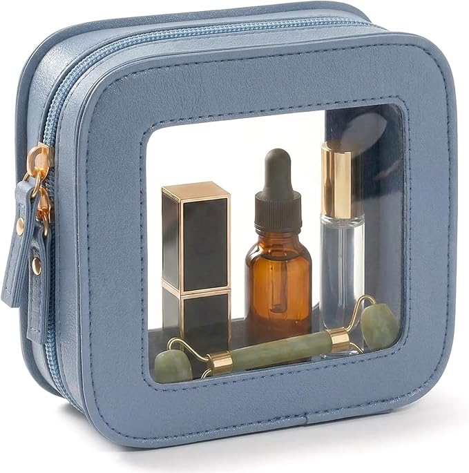 LETGO Clear Makeup Bag Small, Mini Travel Toiletry Bag Cosmetic Bags Organizer, TSA Approved Makeup Case Pouch with Zipper, Car Essentials for Women Men (Square, Blue)