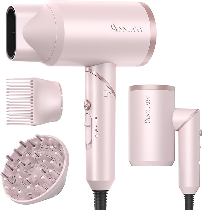 ANNLARY Hair Dryer with Comb | 1800W Blow Dryer with Diffuser for Curly Hair | Plasma Ionic Hairdryer for Frizz Control | Foldable & Protable Design for Travel | 6.5 ft ALCI Cord for Women and Men