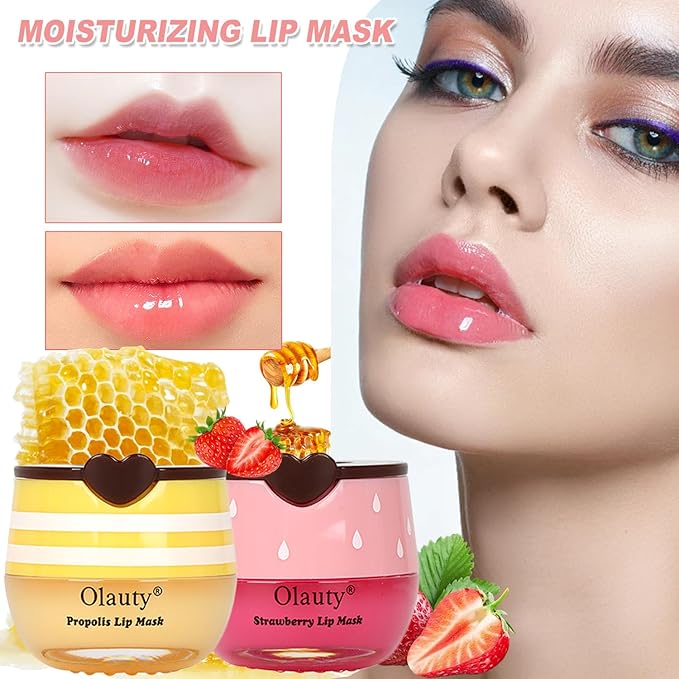 3 PCS Bee Lip Mask Lip Balm Honey Pot, Strawberry & Honey Lip Sleeping Mask Hydrating Prevention Dry and Cracked Lip Scrubs Exfoliator,Lip Mask Overnight Reduces Lip Lines