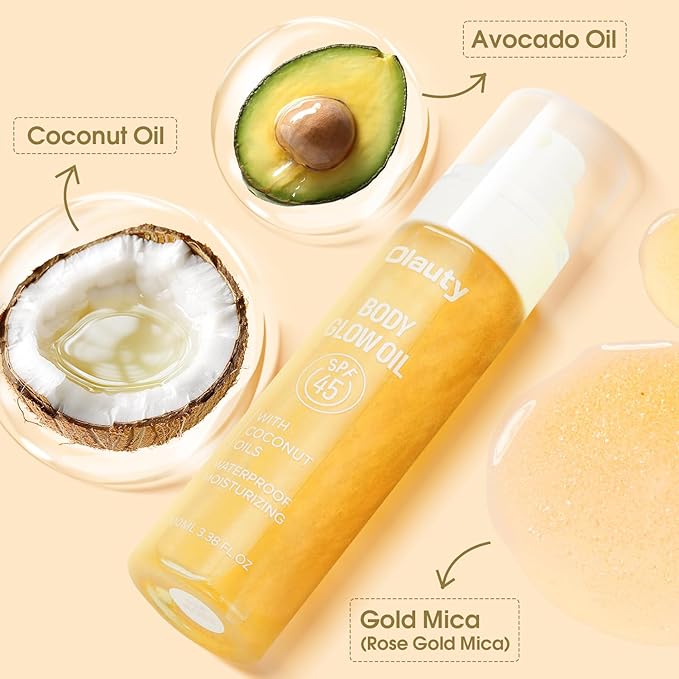 Sunscreen Body Oil SPF45 Body Glow Oil Moisturizer Serum with Coconut Oil for Dry Skin Nourishing Glowing Skin Care Body Shimmer Oils for Face & Boay,Lightweight, Non-Greasy