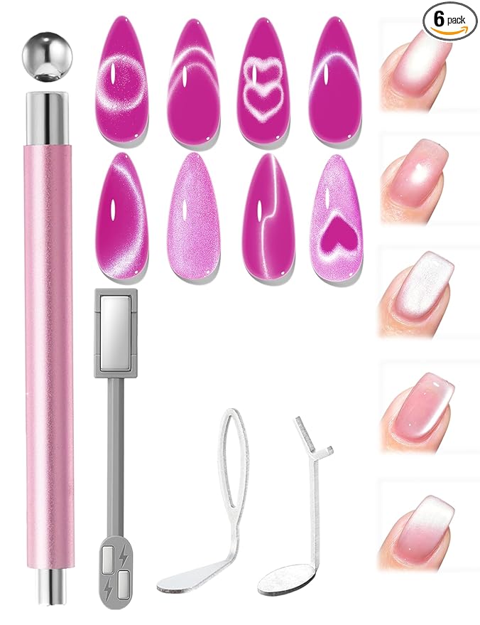 modelones Cat Eye Gel Polish Nail Magnet, 3-in-1 Cat Eye Magnet Pen & Heart-Shaped for Nail Art Tool Cylindrical & Ball &Lightning Circle Cat Eye Magnet for Cateye Gel Polish DIY Salon