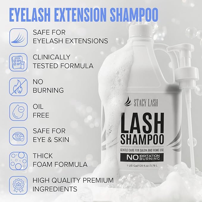 STACY LASH Eyelash Extension Shampoo 1US Gal / 128 fl.oz. / 3.78L / Eyelid Foaming Cleanser/Safe Wash for Extensions & Natural Lashes/Supplies for Professional & Home Use / 50 Aftercare Cards