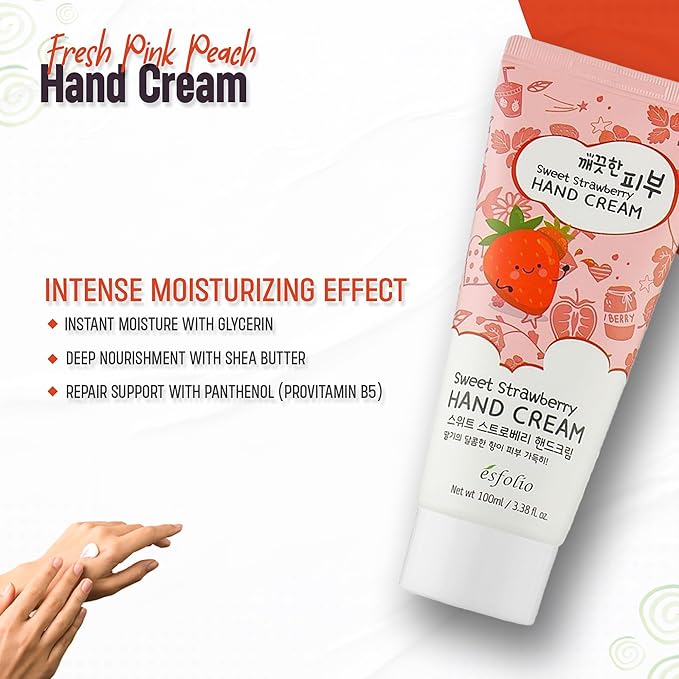 esfolio Sweet Strawberry Hand Cream – Moisturizing Korean Hand Lotion with Strawberry Extracts – Softens, Hydrates & Smooths Dry Skin – Lightweight Non-Greasy Formula (3.38 OZ/100ML)