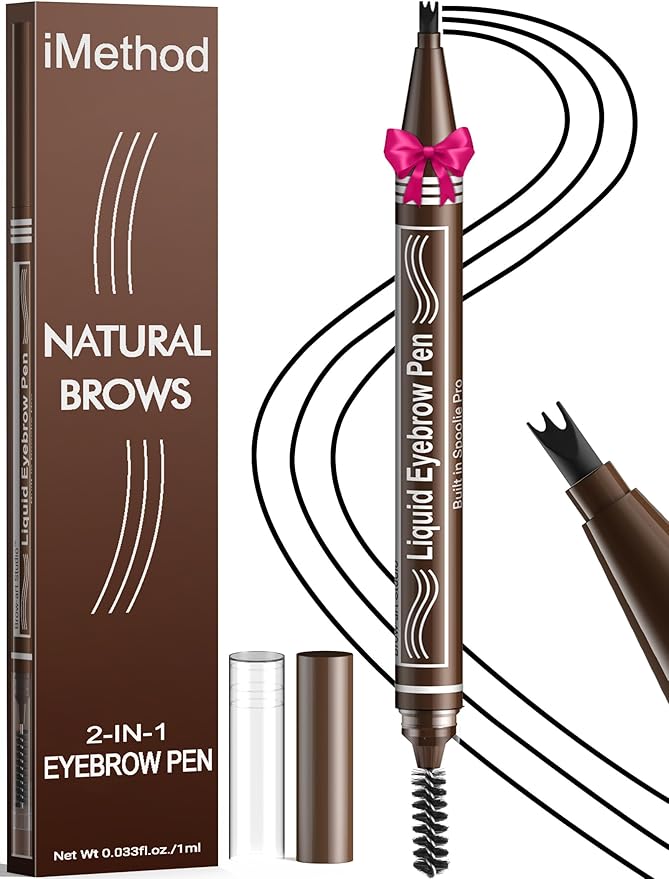 iMethod Microblading Eyebrow Pen - Eyebrow Pencil 2-in-1 Dual-Ended Eye Brow Pencils for Women with 3-Fork-Tip and Spoolie Brush Create Natural Hair-Like Defined Brows, Last All-Day, Black