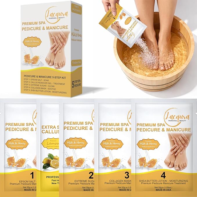 Deluxe Pedicure Kit 5 Step Spa Set – Epsom Salt Soak, Callus Remover Gel, Sugar Scrub, Collagen Mask & Shea Butter Lotion – Professional At Home Foot Care (Milk & Honey, 09 Sets)