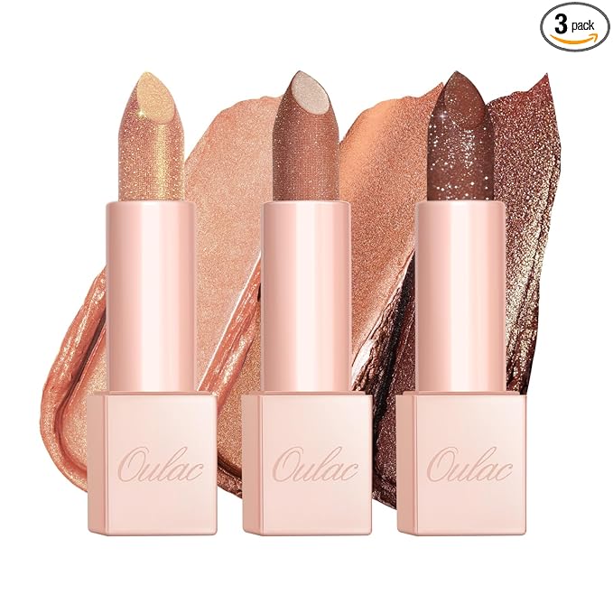 Oulac Moisture Nude Brown Lipstick Set 3PCS - Infinity High Shine Finish, Hydrating Vegan Lipstick Infused with Damask Rose Oil for All-Day Comfort, Gluten-Free, PG13+PG06+D06