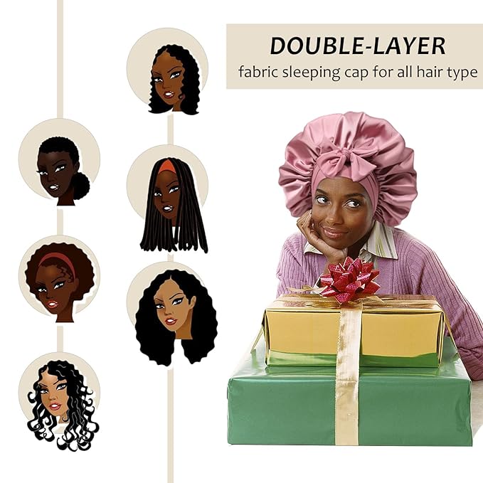 AWAYTR Women's Reversible Satin Bonnet with 3PCS Hair Scrunchies Tie Band for Sleeping, Large 2 Layered Silk Sleeping Cap Nightcap (Reversible (Dust Rose/Pink))