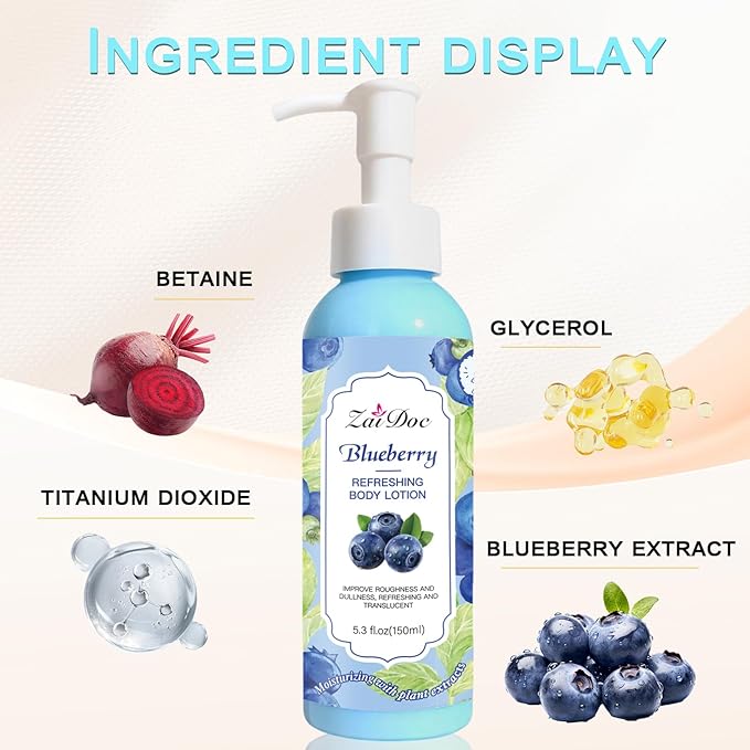 Body Lotion, 24hr Moisturizing & Deep Hydration, Absorbs Instantly Moisturizer for All Skin Types, 5.3 fl oz (1 Pack, Blueberry)