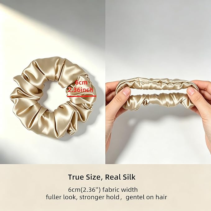 ZLYC 100% Mulberry Silk Hair Tie Scrunchie 19 Momme Gentle Creaseless Dent-Free Ponytail Holder for Women, 6cm Solid Oatmeal