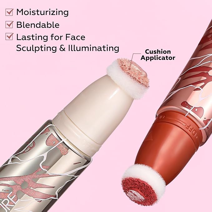 FOCALLURE Liquid Contour Stick 3-Piece Set - Cream Highlighter, Blush & Bronzer with cushion applicator, Moisturizing, Blendable, Long-Lasting for Face Sculpting & Illuminating,SE02 Orchid Vibes