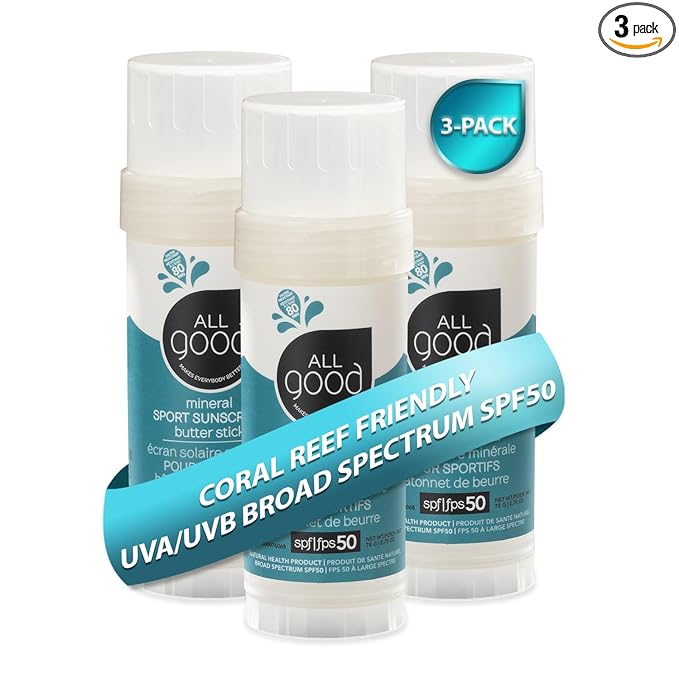All Good Sports Mineral Sunscreen Butter Stick for Face, Nose, Ears - UVA/UVB Broad Spectrum SPF 50, Coral Reef Friendly, Water Resistant, Zinc Oxide, Coconut Oil, Beeswax, Vitamin E (2.75 oz)(3-pack)