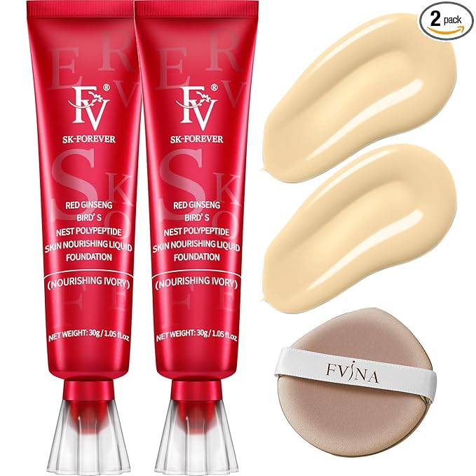 FV 2 Pack Dewy Liquid Foundation Makeup, Waterproof & Lightweight, Natural Finish with Medium Coverage, Hydrating Foundation for Dry and Normal Skin (Nourishing Ivory)