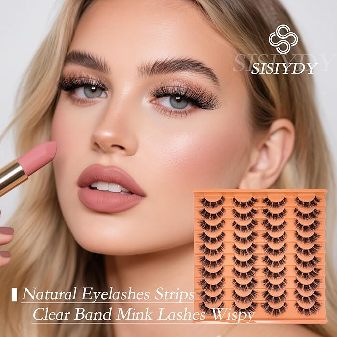 Fake Natural Lashes Wispy Short Fluffy Mink EyeLashes Clear Band C Curl 16mm 3D Faux Mink Eyelash Strips Soft Cat Eye Natural Look Lahses Pack YH303