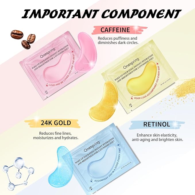 Onespring Eye Masks (24 Pairs) - Mothers Day Gift for Mom - Caffeine, 24K Gold and Retinol Under Eye Patches for Puffy Eyes, Dark Circles & Fine Lines, Bachelorette Party Favors, Bridesmaid Gift