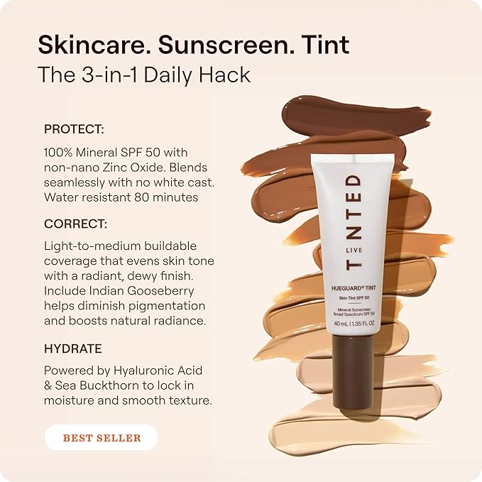 Live Tinted Hueguard Skin Tint SPF 50 - Tinted Mineral Sunscreen with Light-Medium Buildable Coverage With a Hydrating and Radiant Finish - Water and Sweat Resistant, 1.35 fl oz - Shade 03