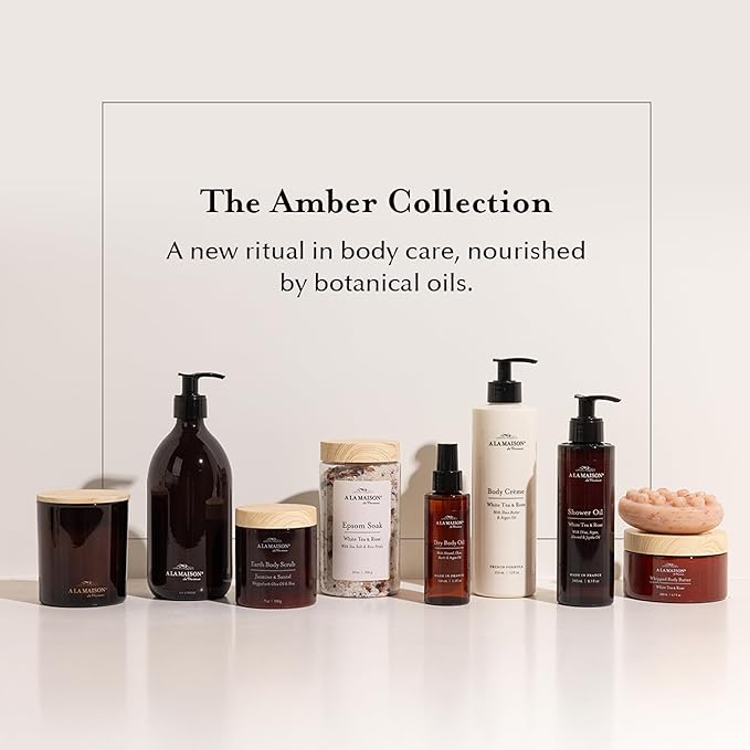 A LA MAISON Earth Body Scrub – White Tea & Rose – Natural Pumice Scrub with Shea Butter & Olive Oil – Gently Exfoliates & Softens Skin – French Formula – Plant-Based – 7 oz – Amber Collection