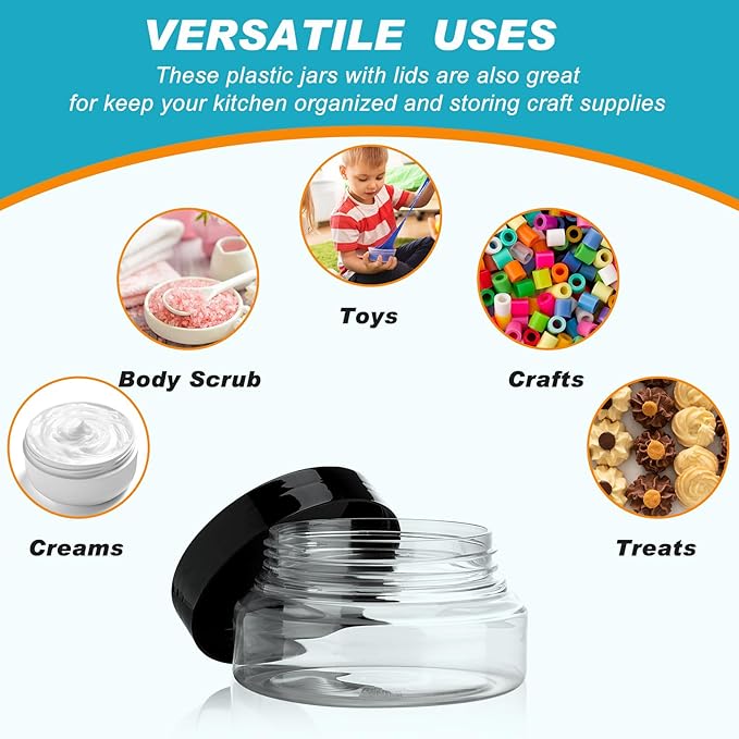 Tessco for you 48 Pack Plastic Jars with Lids Labels Multiuse Slime Containers Empty Body Scrub Jars Round Refillable Cosmetic Body Butter Container for Makeup (5 oz,Clear)