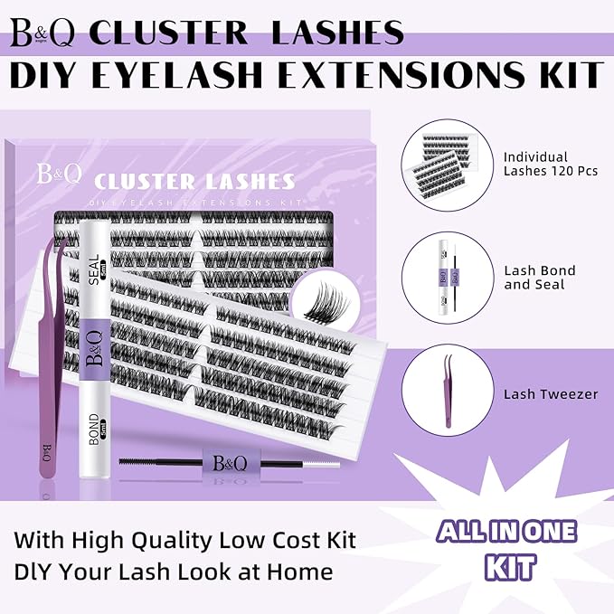 DIY Lash Extension Kit 120pcs Individual Lashes Cluster B&Q D Curl Eyelash Extension Kit Lash Clusters with Lash Bond and Seal and Lash Applicator Tool for Self Application (Kit-12-18MIX)