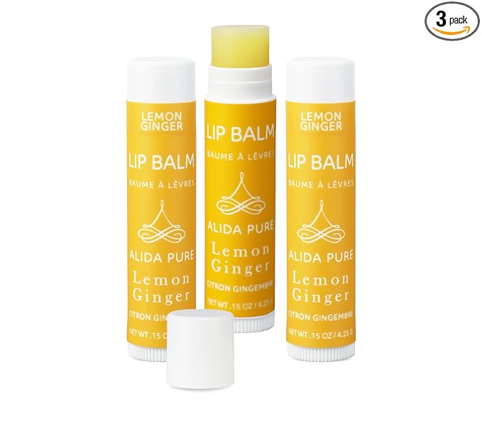 Lemon Ginger Lip Balm Collection, Vegan Set, Beeswax Free, with Organic Jojoba and Avocado Oil, Vitamin E, Natural Moisturizer for Dry, Cracked, or Chapped Lips, 3 Tube Set