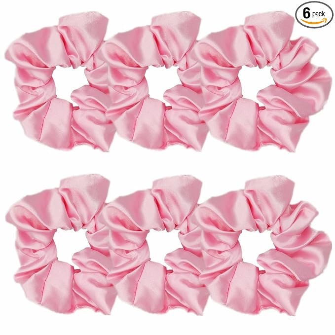 6 Pcs Satin Hair Scrunchies and Ties - Soft Ponytail Holders, Fashion Hair Bands, Bows, Ropes, and Elastics for Women and Girls (4.3 inch, Pink)