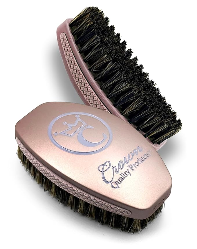 New Champagne Rose MEDIUM-SOFT 360 Wave 2.0, Boar Bristle Hairbrush - Non-Slip Grips, Indestructible Body, Waterproof, Debossed Logo - The Ultimate Curved 360 Wave Brush by Crown Quality Products