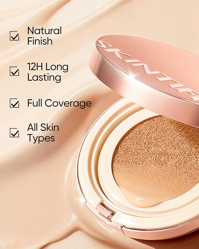 SKINTIFIC Full Coverage Cushion Foundation #03 Petal| Satin Glow Finish, Oil-Control & Waterproof, Buildable Tattoo Cover Cushion for All Skin Types