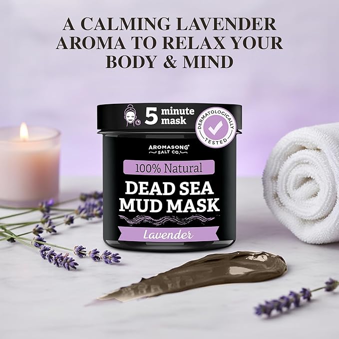 Aromasong Dead Sea Mud Mask with Lavender Essential Oil – 100% Natural Mineral Mud for Face & Body – Pore Minimizer, Acne & Blackhead Remover, Anti-Aging, Firming & Detoxifying Clay Mask