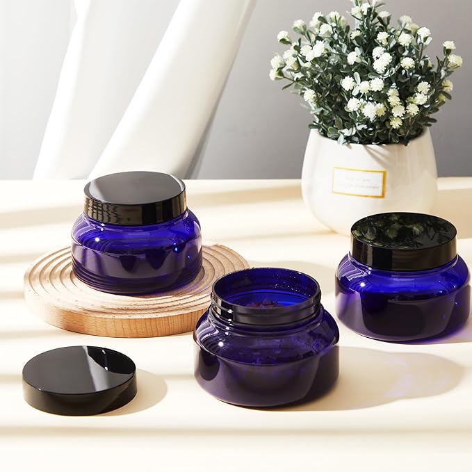 Tessco for you 24 Pack Plastic Jars with Lids Labels Multiuse Slime Containers Empty Body Scrub Jars Round Refillable Cosmetic Body Butter Container for Makeup (8 oz,Blue,Black)