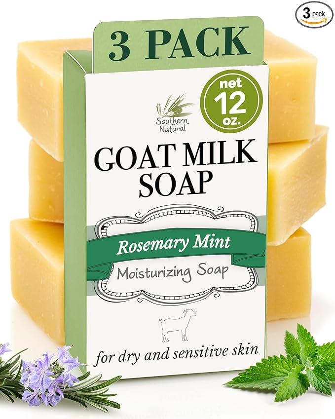Southern Natural Goat Milk Soap Bar - 3 Pack Rosemary Mint - For Dry Sensitive Skin. Natural, Handmade Soap For Men, Women & Kids. Use On Face & Body
